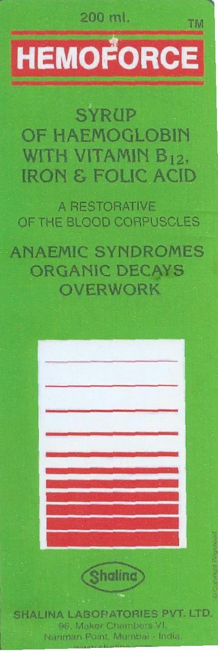 HEMOFORCE SYRUP OF HAEMOGLOBIN WITH VITAMIN B12 IRON AND FOLIC ACID ARESTORATIVE OF THE BLOOD CORPUSCLES ANAEMIC SYNDROMES ORGANIC DECAYS OVERWORK SHALINA
