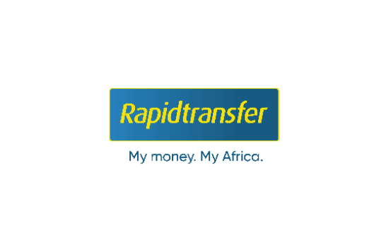 Stylized word Rapidtransfer in blue and yellow