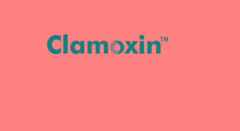 Stylized word, Clamoxin in black and white.
