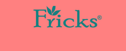 Stylized word, Fricks in black and white with a 3-leaf like image on top of the letter r.