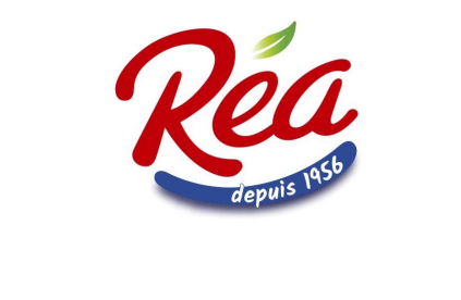 Stylized word Rea depuis 1956 in red, blue and white with a leaf-like image on top of the word.