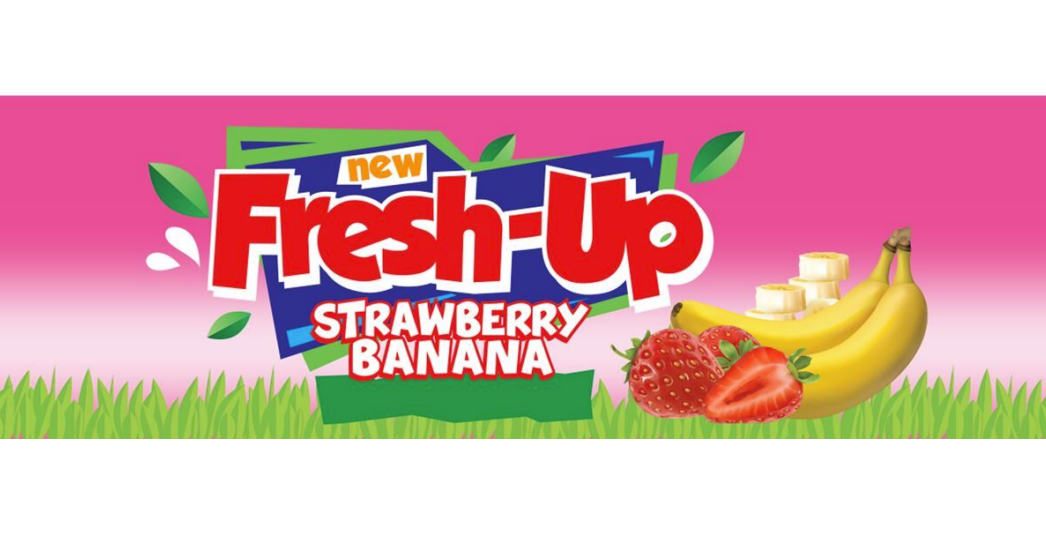 Stylized word Fresh-Up Strawberry Banana in red on a green, blue and pink background with leaves and fruits.