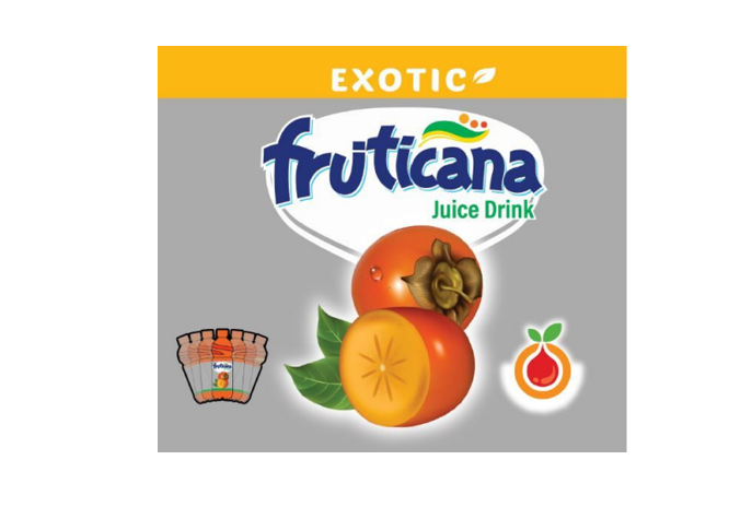 Stylized word Exotic Fruticana in white and blue in a yellow and grey background with fruits and juice Drinks.