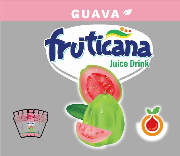 Stylized word Guava Fruticana in pink , white and grey background with image of Juice Drinks and guava fruits.