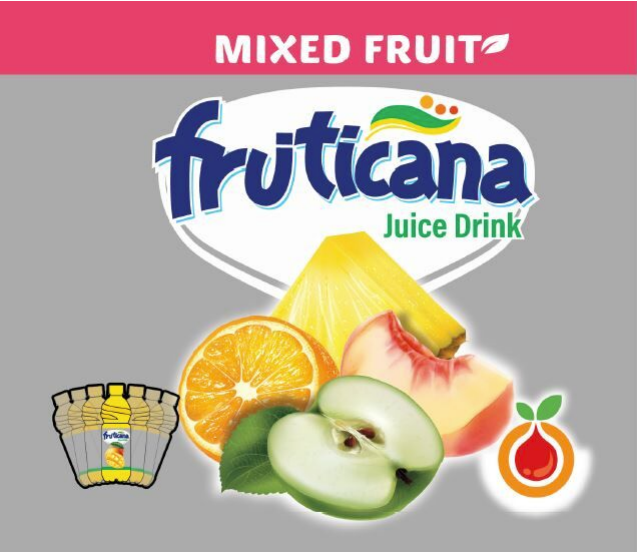 Stylized word Fruticana Mixed Fruit in white, pink blue and grey background with a mixture of fruits.