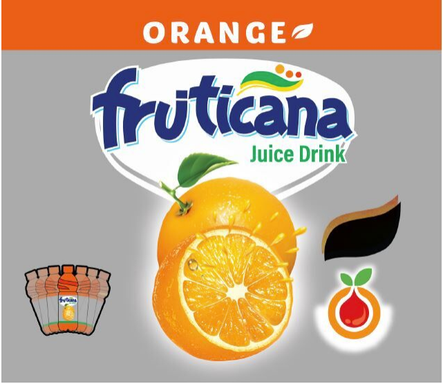 Stylized word Fruticana Orange in white and blue with orange fruit on a grey back ground.