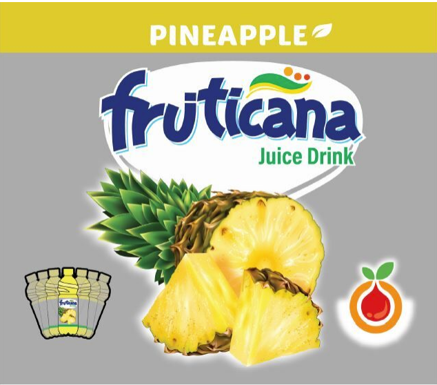 Stylized word Fruticana Pineapple in light green and blue with an image of pineapple in a grey background.