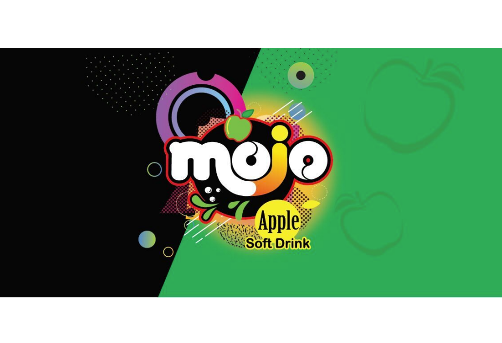 Stylized word Mojo Apple in white on black and green background.