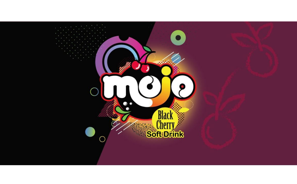Stylized word Mojo Black Cherry in white on black and purple background.