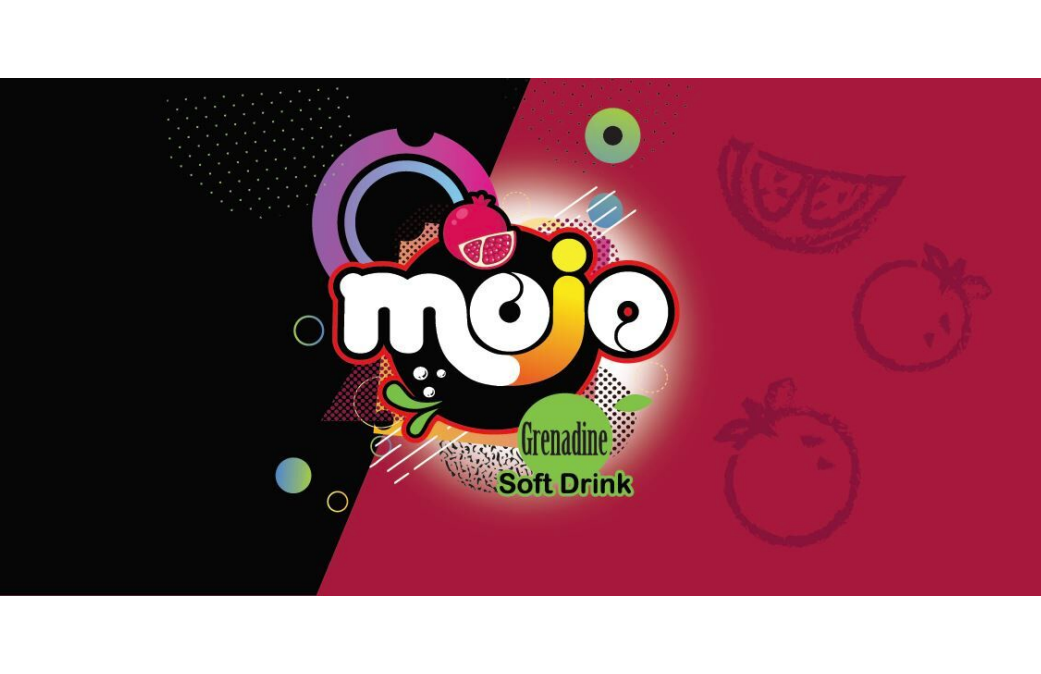 Stylized word Mojo Grenadine in white on a black and purple background.