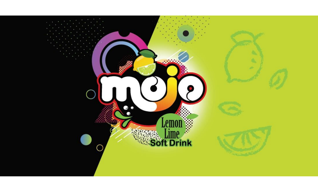 Stylized word Mojo Lemon Lime in white on a black and light green background.