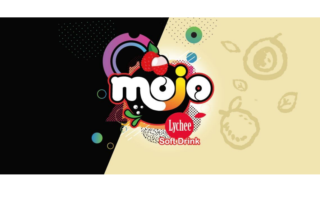 Stylized word Mojo Lychee in in white on a black and cream background.