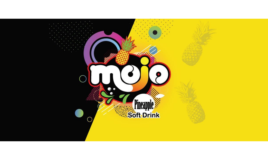 Stylized word Mojo Pineapple in white on a black and yellow background.
