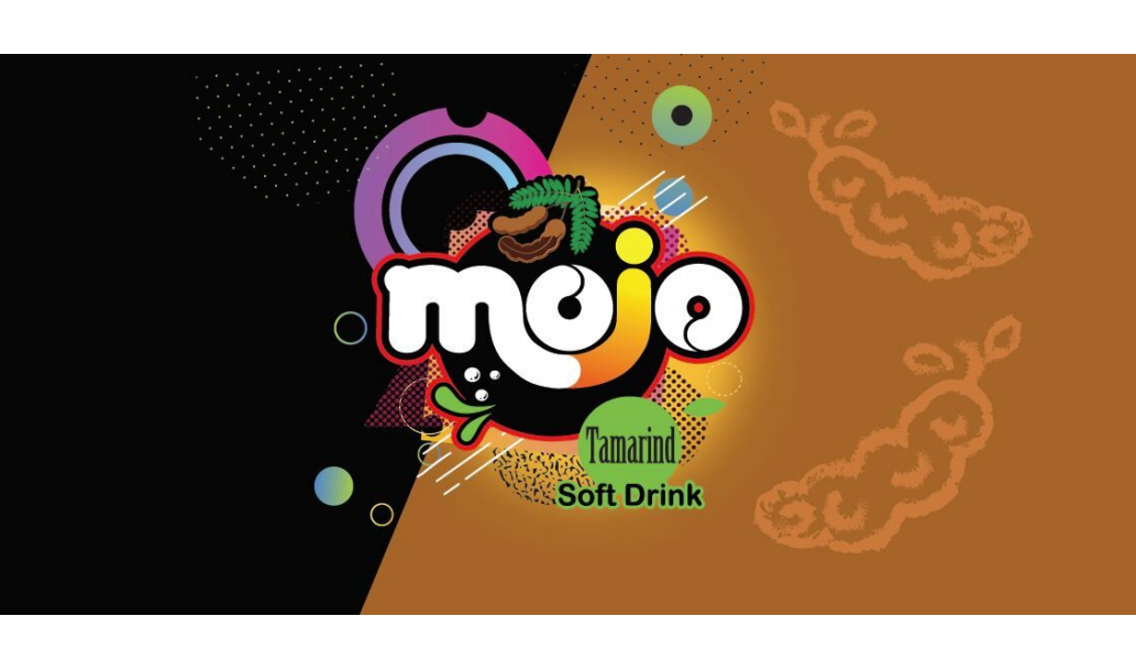 Stylized word Mojo Tamarind in white on a black and brown background.