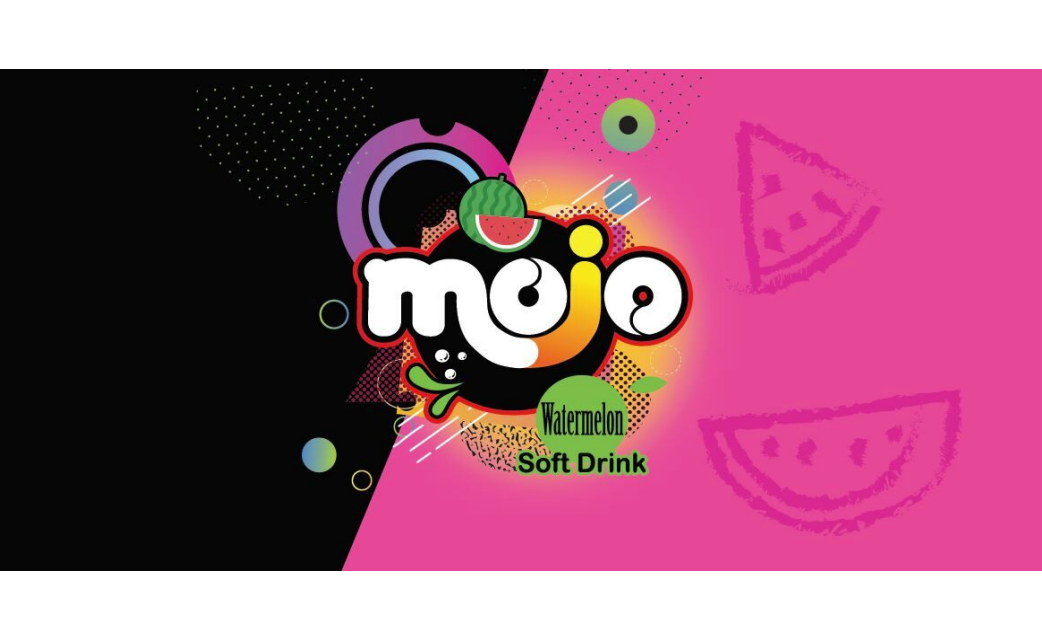 Stylized word Mojo Watermelon in white on a black and pink background.