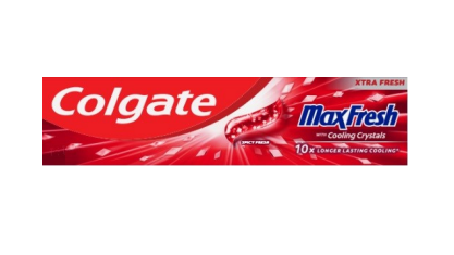 Stylized word Colgate MaxFresh in red, white and blue.
