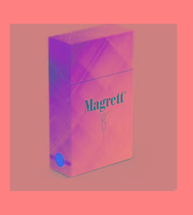 Stylized word, Magrett in black on a yellow background.