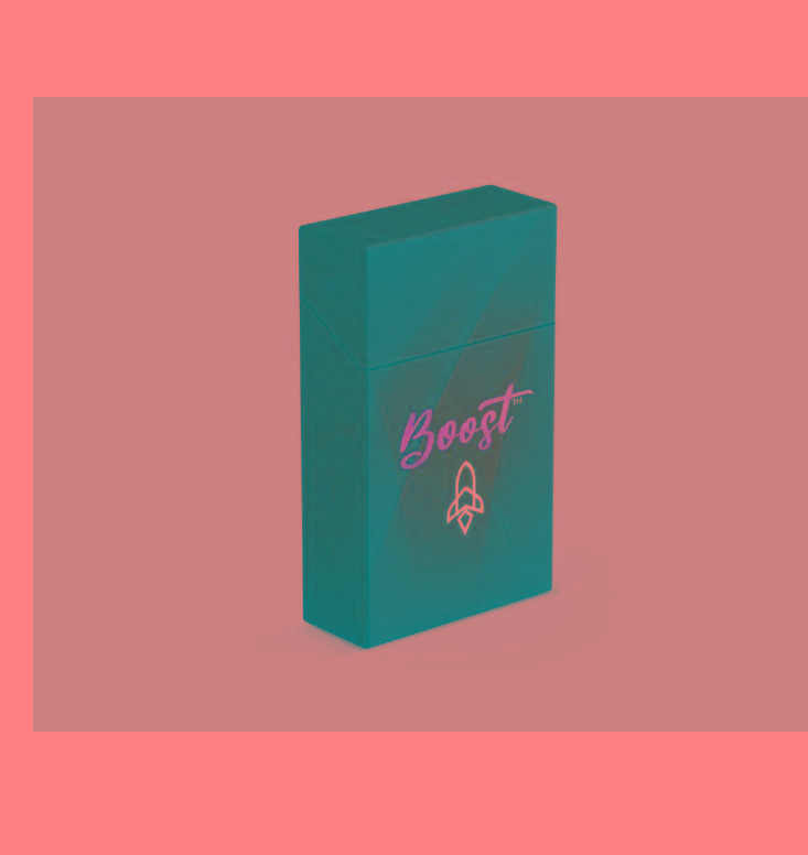 Stylized word, Boost in gold on a green background.