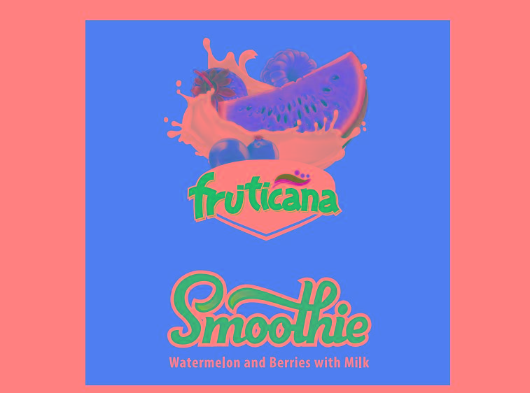 Stylized word Fruticana Smoothie in blue with a watermelon and berries in milk on a pink background .