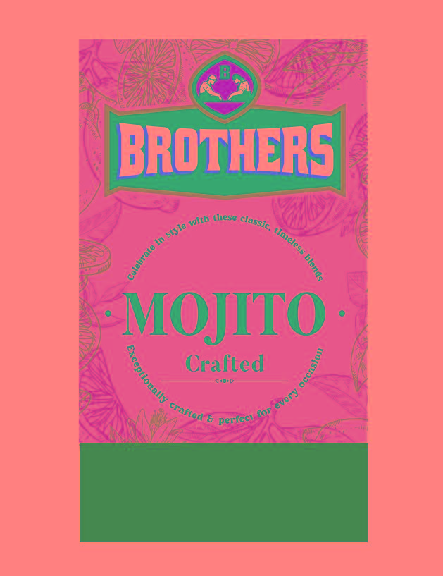 Stylized word Brothers Mojito in white on blue background.