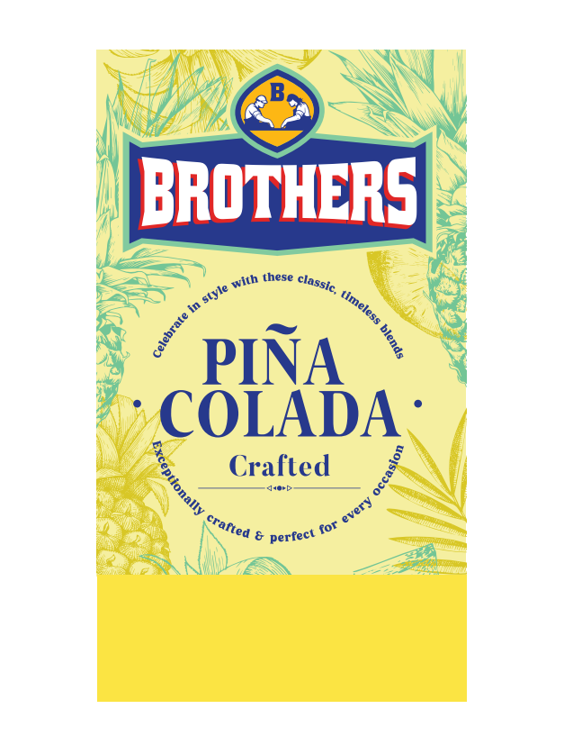 Stylized word Brothers Pina Colada with yellow at the bottom in blue, white with images and some green designed.