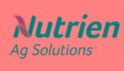 Stylized word Nutrien Ag Solutions in black and white with two green leaves placed on letter N.
