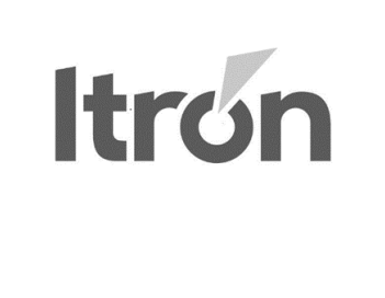 Stylized word Itron in black and white.