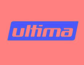 Stylized word Ultima in white placed in red back ground.