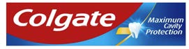 Stylized word Colgate Maximum Cavity Protection in white placed in red and blue