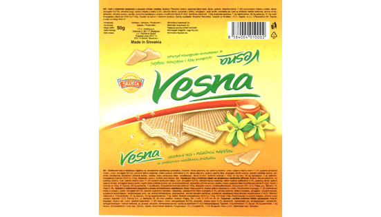 Vesna oblátkové rezy s mliečnou náplňou so smotanovo-vanilkovou príchuťou Vesna oplatkové řezy s mléčnou náplní se smetanovo-vanilkovou příchutí SEDITA PEČIVÁRNE SEREĎ 1953