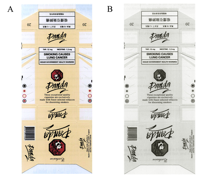 20 Panda TAR : 15 mg NICOTINE : 1.3 mg SMOKING CAUSES LUNG CANCER HKSAR GOVERNMENT HEALTH WARNING These exceptional quality cigarettes are exclusively made with finest selected tobaccos for discerning smokers Exclusive Made Under Authority of Maxim Tobacco Co. Ltd.,London, England and the Trademark Owner 9 312412 515562 焦油︰15毫克 尼古丁︰1.3毫克 吸煙引致肺癌 特區政府忠告市民