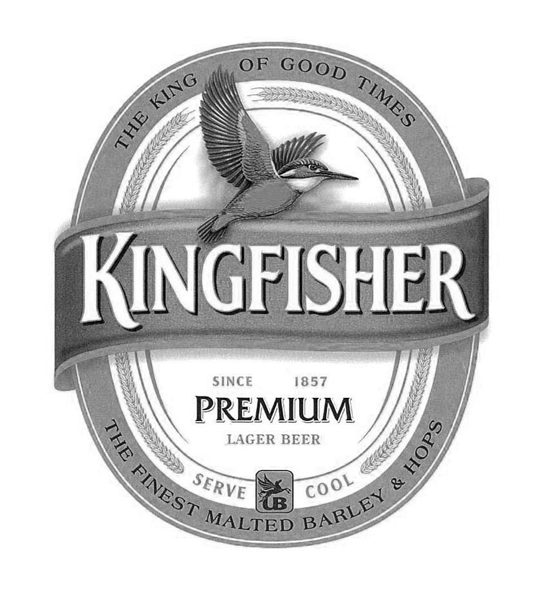 KINGFISHER SINCE 1857 PREMIUM LAGER BEER SERVE COOL THE KING OF GOOD TIMES THE FINEST MALTED BARLEY & HOPS UB