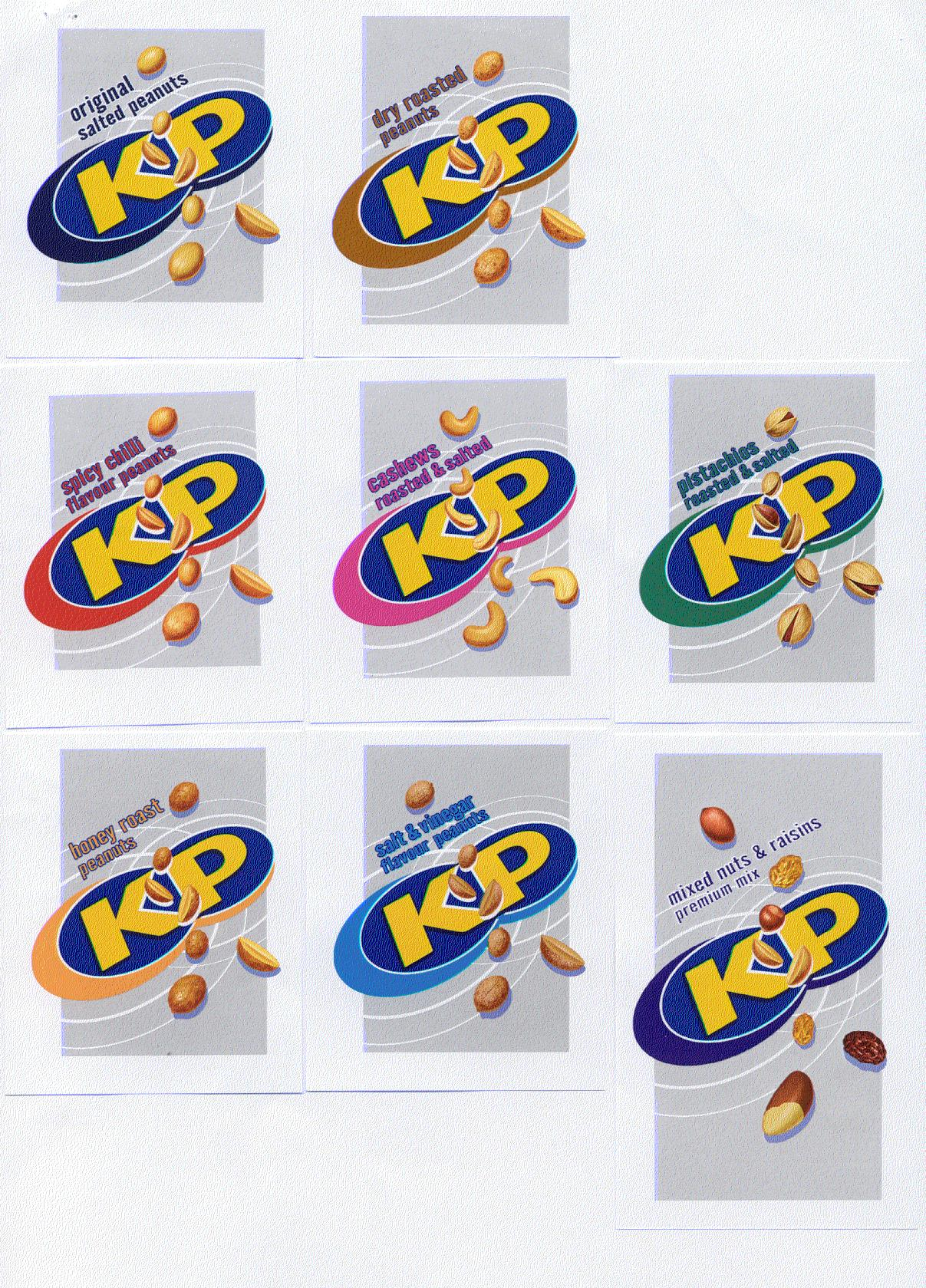 KP original salted peanuts KP dry roasted peanuts KP spicy chilli flavour peanuts KP cashews roasted & salted KP pistachios roasted & salted KP honey roast peanuts KP salt & vinegar peanuts KP mixed nuts & raisins premium mix