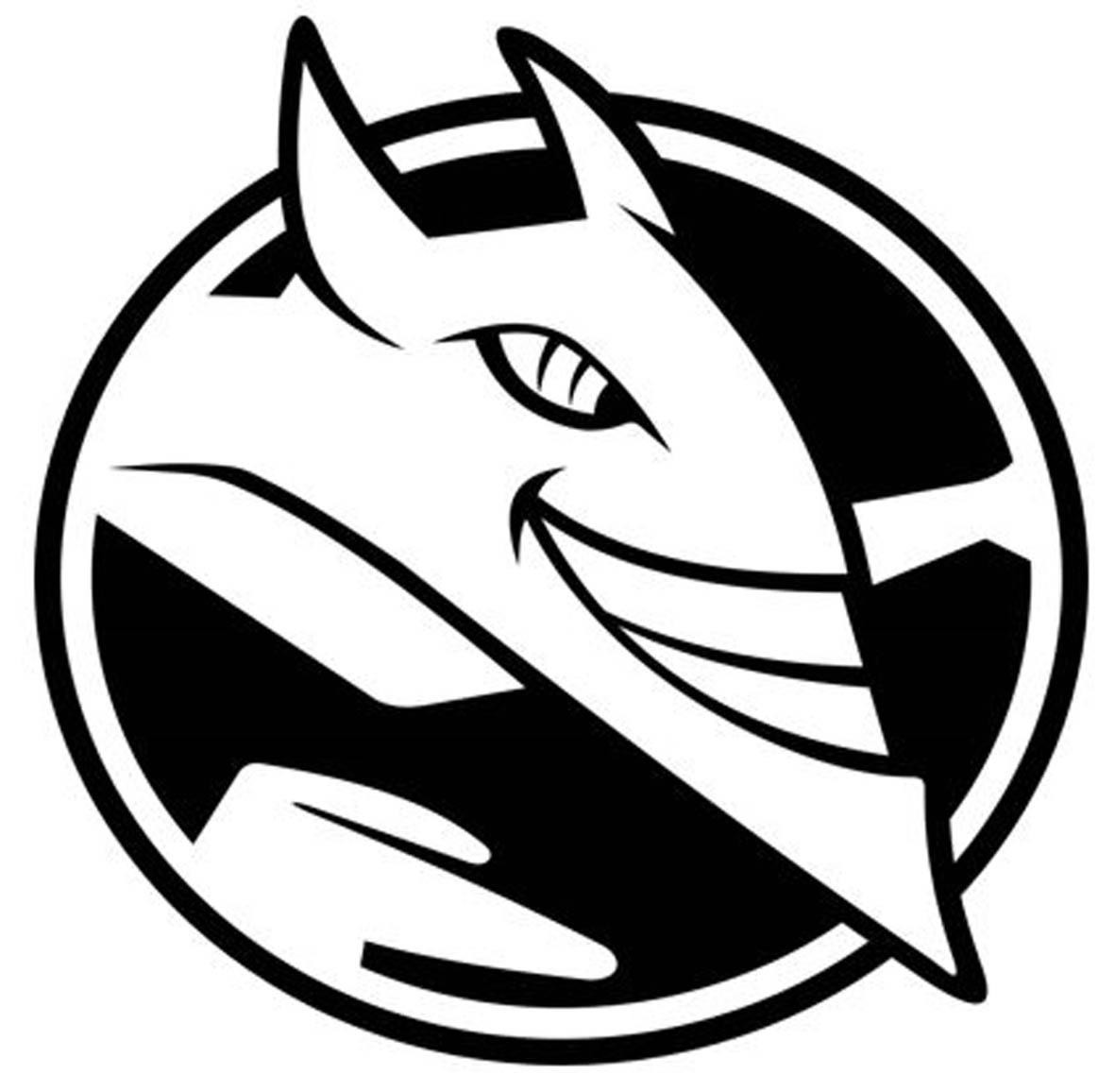 A smiling devil-like creature set against concentric circles figurative