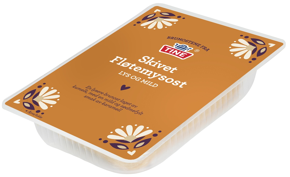 BRUNOSTENE FRA TINE Skivet Fløtemysost LYS OG MILD En lysere brunost laget av kumelk, med en mild og sødmefylt smak av karamell