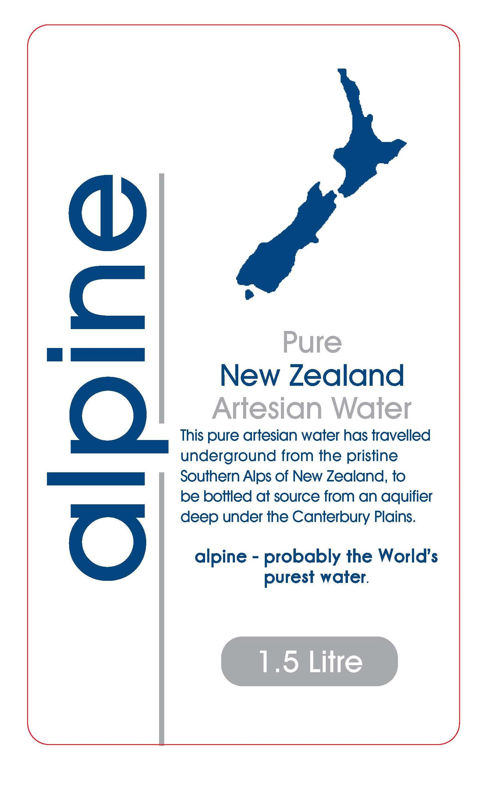 alpine Pure New Zealand Artesian Water This pure artesian water has travelled underground from the pristine Southern Alps of New Zealand, to be bottled at source from an aquifier deep under the Canterbury Plains. alpine - probably the World's purest water 1.5 Litre