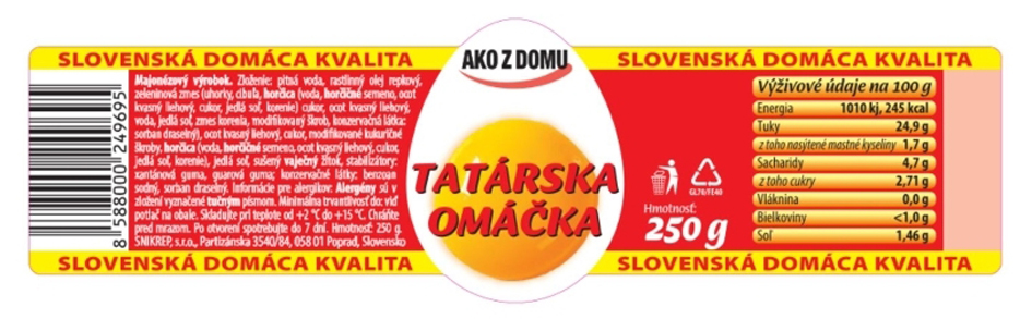 slovenská domáca kvalita 588000249695" majonézový výrobok. zloženie: pitná voda, rastlinný olej repkový, zeleninová zmes (uhorky, dbula, hordica (voda, horčičné semeno, ocot kvasný liehový, cukor, jedlá soľ, korenie) cukor, ocot kvasný liehový, voda, jedlá sol, zmes korenia, modifikovaný škrob, konzervačná látka sorban draselný), ocot kvasay lehový, cakor, modifikované kukuričné skroby, hordica (voda, hordičné semena, ocot kvasný liehový, cukor jedlá sol, korenie), jedlá sol, sušený vaječný tok, stabilizátory xantánová guma, quarová guma; konzervačné látky: benzoan sodný, sorban draselný. informácie pre alergikov. alergény sú v zložení vyznačené tučným pismom. minimálna trvanlivost do: vid potlač na obale. skladujte pri teplote od +2°c do +15°c. chránite pred mrazom. po otvorení spotrebujte do 7 dní. hmotnost: 250 g snikrep, sro, partizánska 3540/84, 058 01 poprad, slovensko slovenská domáca kvalita ako z domu slovenská domáca kvalita 4 tatarska omáčka 250 g hmotnost: výživové údaje na 100 g energia tuky 1010 kj, 245 kcal 24,99 z toho nasýtené mastné kyseliny 1,7 g sacharidy z toho cukry vláknina bielkoviny sol 4,7 g 2,71 g 0,0 g <1,0g 1,46 g slovenská domáca kvalita
